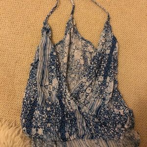 LULUS blue and white cris cross top